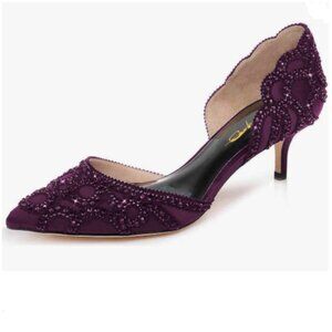 XYD Dark Purple Pumps, Elegant Pointed Toe, D'Orsay Low Heels, Rhinestone Shoes